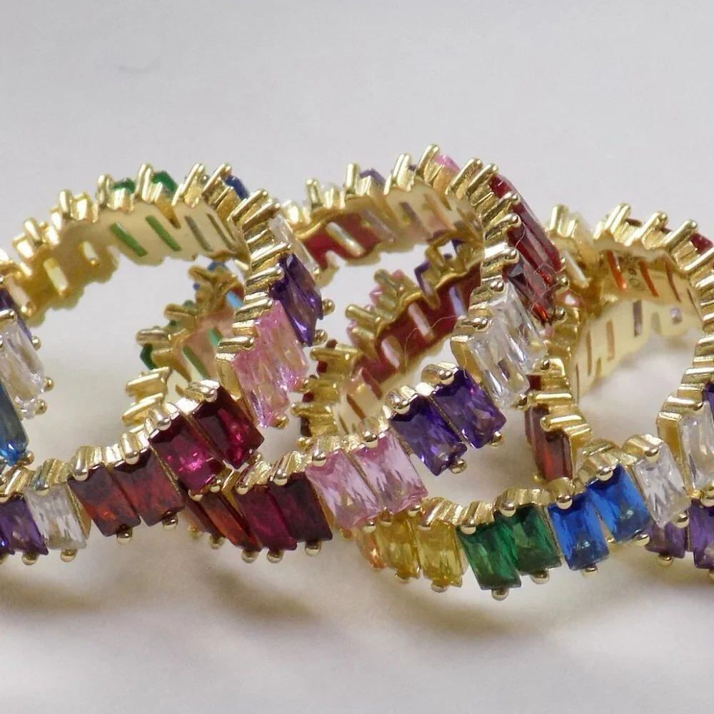 new chunky baguette ring eternity band emerald cut gemstones rainbow multi color